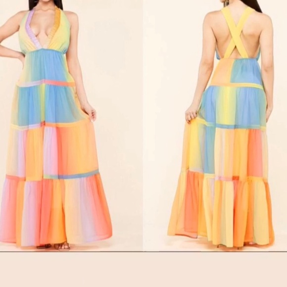 L'ATISTE Dresses & Skirts - NWT Latiste Pastel Rainbow Halter Chiffon Dress